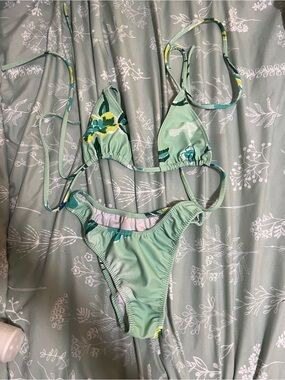 Loleia Mint Green Floral Triangle Tie-String Bikini Set